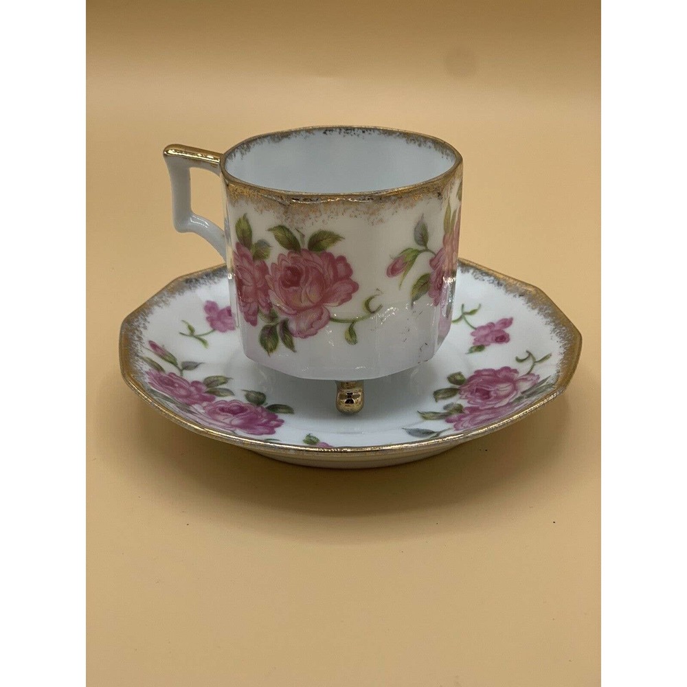 Vintage Tea Cup & Saucer Gold Trim Footed Pink/purple Roses With Buds Unbranded